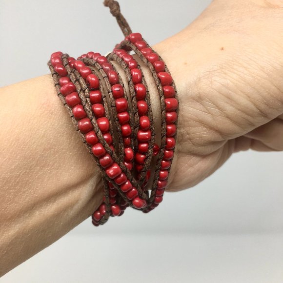 Boho Red Beaded Bracelet Wrapped on Waxed Linen with Silver Toned Button Closure - Picture 2 of 13